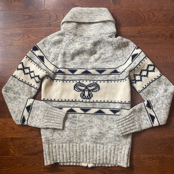 TNA Women’s XS Hooded Cowichan Knit Lambswool Sweater Beige & Black Zip Front - Picture 8 of 11